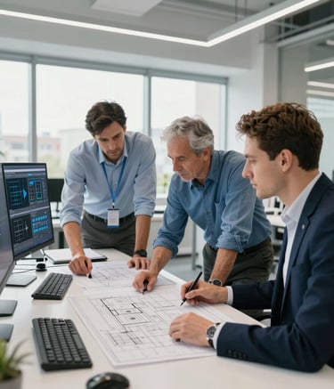 Professional team of experts in a modern, sunlit office in a Stredoeurópsky / Slovenský city, collaborating over blueprints and digital data, clean lines, professional charcoal and bright blue accents.