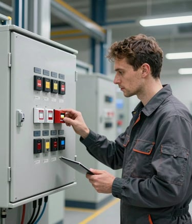 A technician in professional workwear inspecting an EPS fire alarm control panel in a modern industrial complex, Stredoeurópsky / Slovenský setting, sharp focus, professional charcoal and silver grey palette.