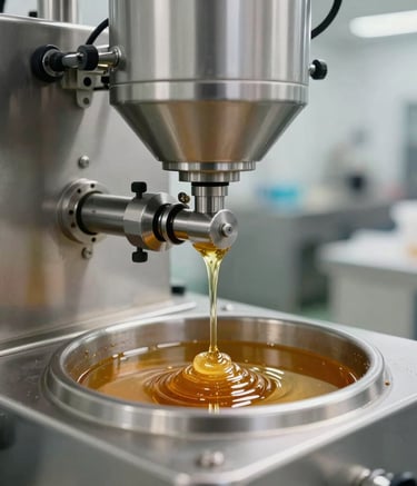 Close-up of a precise industrial process involving honey and natural oils in a sterile, modern factory, stainless steel equipment, bright lighting, representing high-quality Slovak production.
