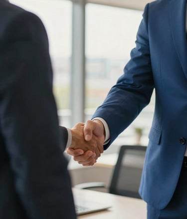 A close-up of a professional advisor in a Royal Blue suit shaking hands with a client in a bright, sunlit office. The lighting is warm and welcoming, capturing a moment of trust and efficiency.