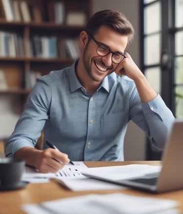 Smiling client discussing paperwork with a bilingual advisor.