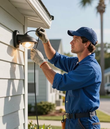 A professional electrician in a steel blue uniform working on a residential exterior lighting project in a North American / US Gulf Coast neighborhood. The lighting is bright afternoon sun, suggesting efficiency and reliability.