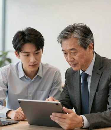 A professional mentoring session in a North American corporate office setting. A seasoned professional and a younger colleague are reviewing a project on a digital tablet together. The atmosphere is encouraging and sophisticated, with clean off-white backgrounds and soft lighting.