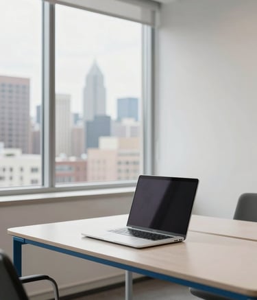 A bright, modern North American professional workspace featuring a minimalist desk with a high-end laptop and a view of a clean city skyline through a large window. The room is filled with soft natural light and decorated with subtle steel blue elements and off-white walls.