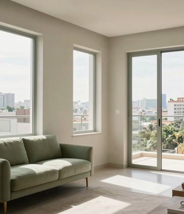 A bright and airy interior of a high-end Brazilian apartment in Paulinia, featuring minimalist decor with sage green and beige accents, soft natural light streaming through large windows, professional photography.