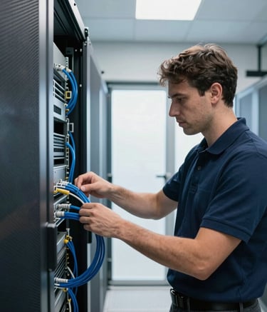 Wide-angle shot of a technician in a navy polo shirt neatly managing blue cables in a modern North American server room. Natural morning light, clean and professional.