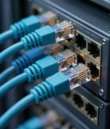 A detailed close-up photograph of high-quality ethernet cabling and networking hardware in a clean, organized data center. The lighting is crisp, emphasizing the teal and navy colors. North American commercial setting.