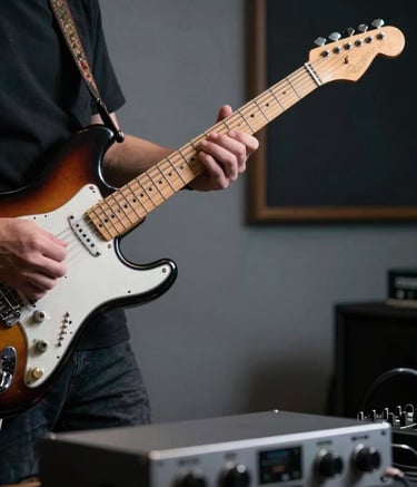 A musician's hands playing a Fender Telecaster in a studio setting. In the foreground, partially out of focus, is a small, elegant pro audio interface. The lighting is high-contrast, casting soft shadows in a room with cool grey walls.
