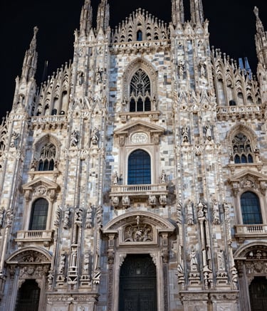 A high-resolution photograph of a 3D point cloud reconstruction of a historic European / Italian building facade. The image shows a technical, crystalline structure made of millions of data points in Technical Grey-Blue and Soft Off-White tones against a dark background, emphasizing precision and technical depth.