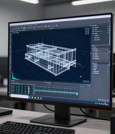 A close-up photograph of a professional workstation in a modern European / Italian engineering office. The screen displays a complex wireframe architectural model with sharp details. The environment is clean and minimalist, featuring colors like Deep Navy and Technical Grey-Blue. The lighting is focused and professional, highlighting the high-resolution quality of the data processing.