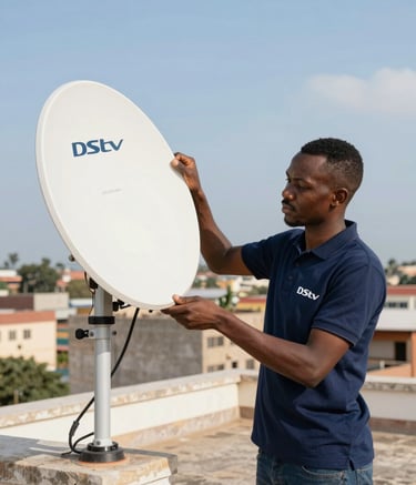 A professional technician in a branded polo shirt installing a parabolic DStv antenna on a rooftop in a East African / Mozambican city. The scene is bright and airy, with a clear sky, using Corporate Blue and Deep Navy accents in the environment.