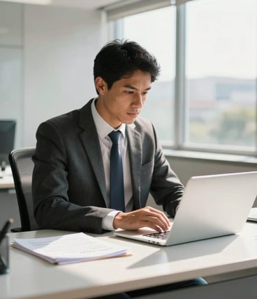 A focused South American / Brazilian professional in business attire working at a clean, modern desk in a bright office in Governador Valadares. Natural sunlight filters through large windows, highlighting a silver laptop and organized documents.