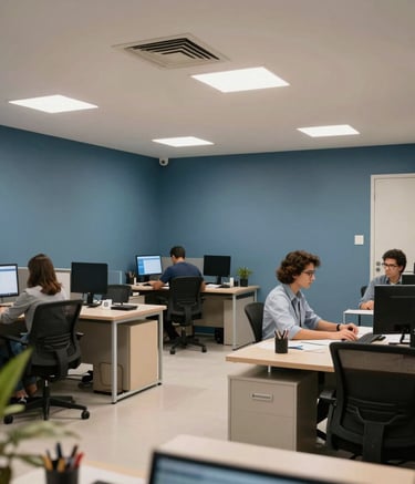 Wide shot of a contemporary Brazilian accounting office interior with muted blue walls and professional lighting, showing a collaborative and organized workspace environment.
