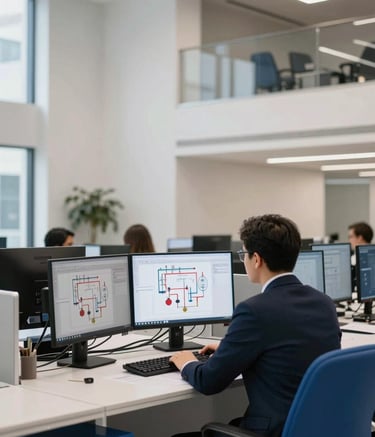 A professional engineering office setting in a modern building. A technical workstation shows fire suppression system diagrams on multiple monitors. The atmosphere is bright with off-white walls and accents of steel blue furniture. Professional attire reflects a high-end corporate environment in a contemporary Turkish business district.