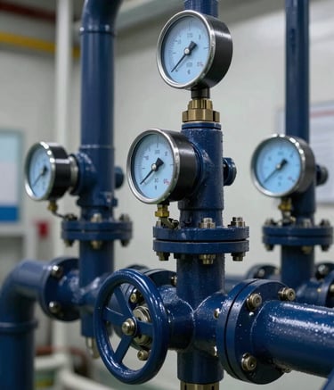 Close-up of a highly sophisticated industrial fire suppression valve system installed in a clean, modern facility. The pipes are painted in a professional dark navy blue, and the gauges reflect a soft light blue glow. The lighting is sharp and industrial, highlighting the precision engineering of the components.