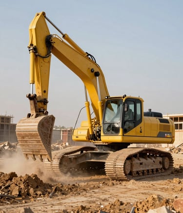 A clean, powerful yellow excavator operating on a large-scale construction site in the Middle Eastern / Gulf region. Dust rises under golden sunlight, emphasizing robust capability and industrial efficiency.