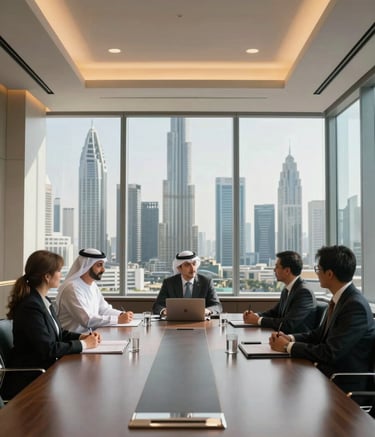 A professional executive conference room in a Dubai skyscraper with a view of a modern skyline. The interior features steel blue and gold accents, with soft sunlight streaming through floor-to-ceiling windows. Professional Middle Eastern / Gulf corporate atmosphere.