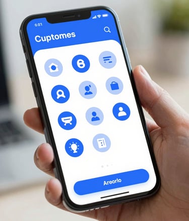 A close-up shot of a modern smartphone held by a hand, showing a professional customer support interface with clear icons. The lighting is bright and clean, reflecting a trustworthy digital environment. The color palette includes #1F3A68 and #A7B9D2 accents.