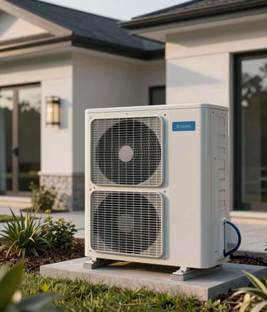 A sleek, modern outdoor air conditioning unit professionally installed next to a contemporary North American home with clean landscaping and soft morning lighting.