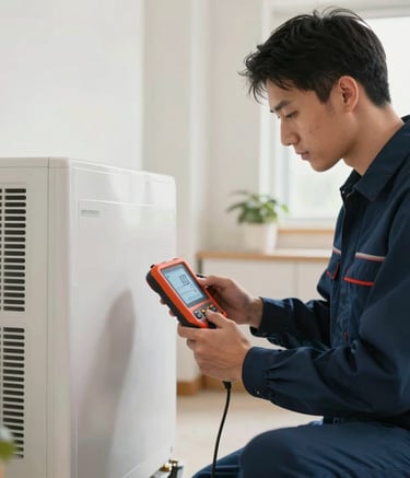A professional HVAC specialist in a navy blue uniform using a diagnostic tool on a modern heating system in a well-lit North American residential utility room.