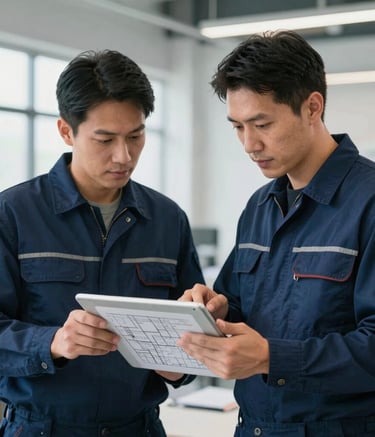 Two professional HVAC technicians in clean navy blue uniforms reviewing a digital blueprint on a tablet in a bright, modern North American commercial office setting.