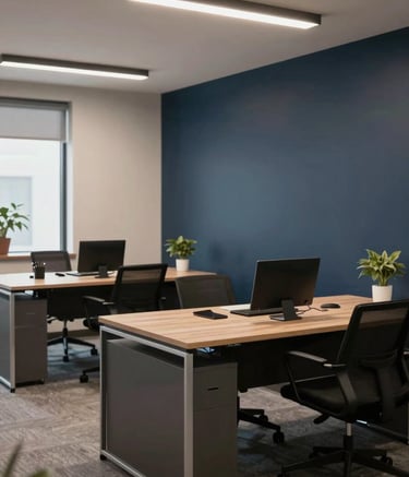 A professional interior photograph of a clean, modern leasing office in North America, featuring organized desks, a sophisticated color palette of navy and soft grey, and soft, warm ambient lighting.
