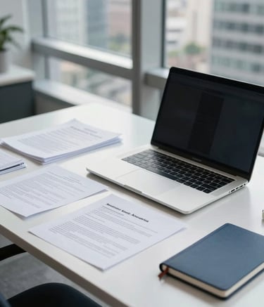 A clean, modern office desk in a South American business district. On the desk are organized white documents, a sleek silver laptop, and a dark blue notebook. Soft natural daylight from a large window reflects off the silver surfaces. Professional and organized atmosphere.