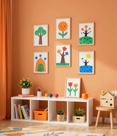 A bright, colorful space decorated with hot air balloons and clouds hanging from the ceiling.