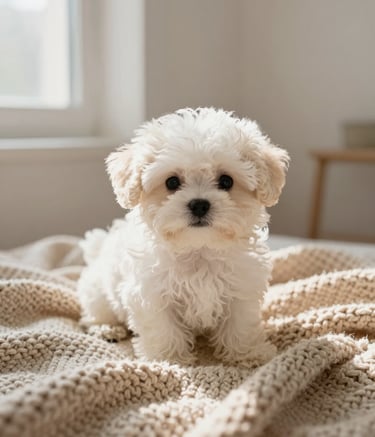 A high-end, soft-focus lifestyle photograph of a tiny Bichón Maltés puppy sitting on a luxurious almond-colored knit blanket. The lighting is warm and natural, coming from a nearby window. The setting is a minimalist, clean interior with soft off-white walls.