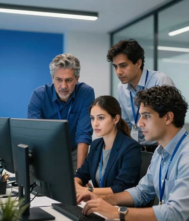 A professional team of IT consultants in a modern South American / Venezuelan office environment collaborating around a large monitor. The scene features soft sky blue lighting and royal blue office accents, conveying a sense of innovation and teamwork.