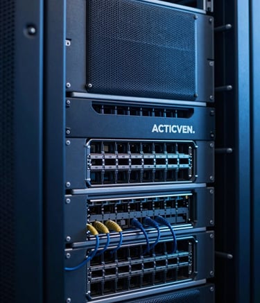 A detailed close-up of high-tech networking equipment and server racks in a data center. The lighting is deep navy blue with subtle soft sky blue highlights, symbolizing the technical expertise and reliability of ACTICVEN.
