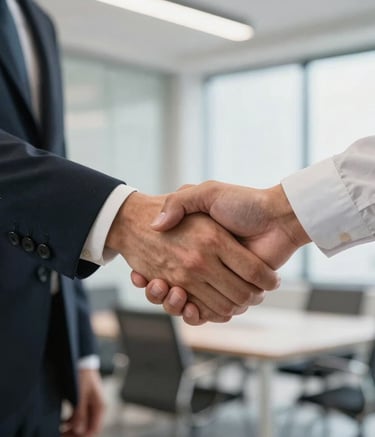 A close-up of a professional handshake between two business people in a modern, brightly lit North American office, representing a secure and reliable partnership.