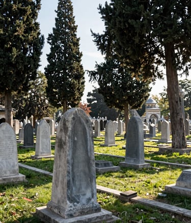 A wide, serene landscape shot of a historic and well-kept cemetery in Istanbul. The scene is filled with tall cypress trees and soft morning sunlight filtering through the leaves, casting gentle shadows on elegant stone structures. The palette consists of deep greens and natural stone colors, conveying a sense of timeless respect and professional care.