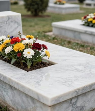 A close-up, high-quality photograph of a meticulously maintained white marble grave in a peaceful Istanbul cemetery. Fresh, vibrant seasonal flowers are planted in the soil area, and the marble surface is pristine and reflective under soft, natural daylight. The background shows blurred greenery in muted green and beige tones, creating a respectful and serene atmosphere.