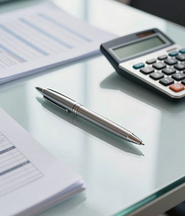 A close-up photograph of a professional glass desk featuring a sleek pen, a calculator, and organized financial documents. The lighting is bright and airy, with soft steel blue and cloud white tones reflecting a clean, modern corporate environment.