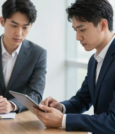 A professional business meeting in a bright room. Two professionals are seen from the side, focused on a tablet screen. The palette includes dark slate blue suits and cloud white shirts, conveying a sense of collaboration and trust.
