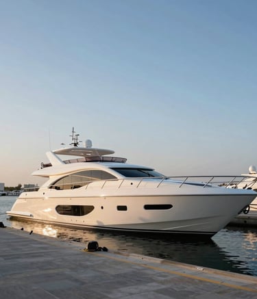 Photography of a sleek, modern luxury yacht docked at a premium marina in the Middle Eastern / Gulf region. The image is taken at golden hour with soft lighting. The focus is on the sophisticated exterior design against a clear sky blue horizon.