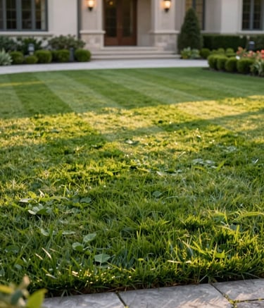 A close-up photograph of a meticulously manicured lawn and stone garden path leading to a luxury North American home at golden hour. The grass is a vibrant green with professional striping, and the lighting is soft and warm, conveying peace and order.