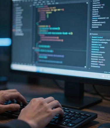 A close-up of a software developer's hands working on a keyboard with a high-resolution screen in the background displaying complex code and data analytics. Professional atmosphere with cool blue lighting (#8FAACF).