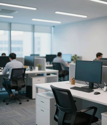 A wide-angle shot of a modern, professional IT office in Pakistan with clean lines and ergonomic workspaces. The lighting is bright and natural, incorporating shades of #3D5A7F and #E8EFF8. The mood is innovative and trustworthy.