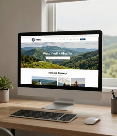 A clean, modern home office setup in North American / US (West Virginia / Virginia), featuring a large monitor showing a sleek website design. A window shows the rolling green hills of the Appalachian landscape. The lighting is soft and approachable, using a palette of beige and light green.