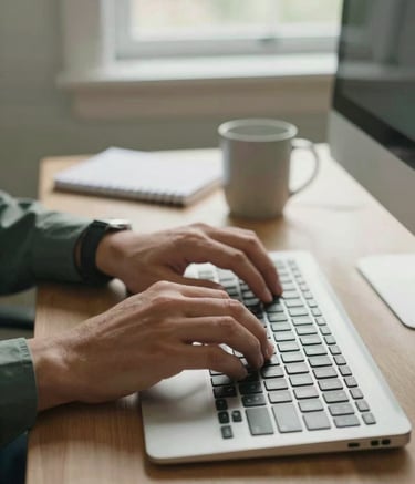 A close-up of a professional's hands on a modern keyboard in a bright office in West Virginia. On the desk is a ceramic mug and a notepad. Soft daylight from a window illuminates the scene in beige and medium green tones. Professional and reliable atmosphere.