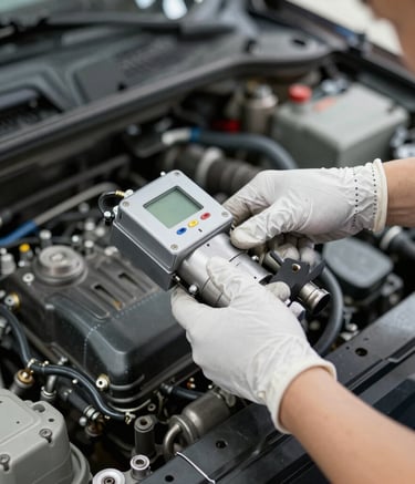 Mechanic inspecting the cooling system of a sleek black BMW in a clean garage.