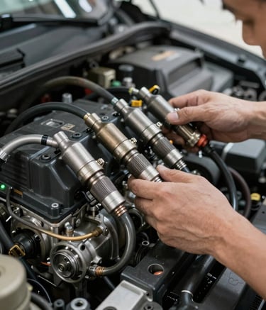 Close-up of a high-end car engine being carefully repaired by a mechanic in a modern workshop.