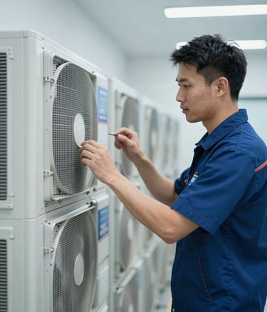 A professional technician in a clean uniform inspecting a complex VRF climate control system in a modern commercial building. The lighting is bright and clear, emphasizing the reliability and technical expertise of Ideal Climatic. The color palette includes #1B2A3D and #4A6D7C.
