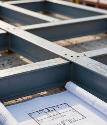 A sharp, high-resolution close-up of a construction site featuring modern steel beams and architectural blueprints. The lighting is crisp morning sun, highlighting precision and craftsmanship. The color palette includes professional tones of #4A5568 and #A0AEC0.