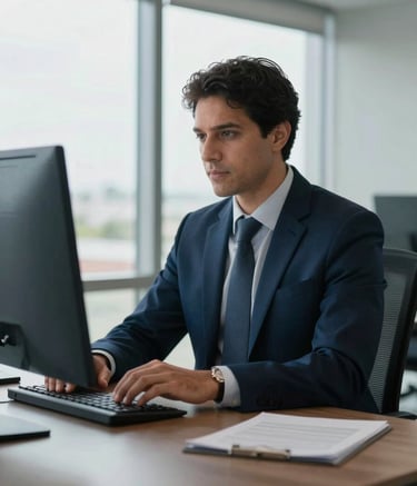 A professional South American / Brazilian administrator in a modern office, working on a clean digital interface with muted steel blue and deep navy blue accents, soft natural lighting filtering through large windows.