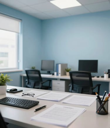A clean, modern South American / Brazilian administrative workspace featuring soft sky blue office decor and professional documents, captured with bright, even photography and a wide-angle composition.