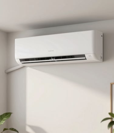Modern South American / Brazilian residential living room with a sleek white air conditioner mounted on a minimalist wall, soft daylight, clean and airy atmosphere, high-end photography.