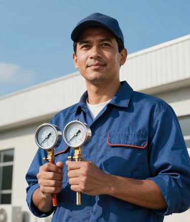 A professional South American / Brazilian HVAC specialist holding a set of gauges and tools, standing confidently in front of a modern building, bright blue sky in the background, professional and trustworthy look.
